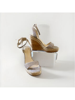Jessica Simpson Women’s Beige Glitter Wedge Sandals Ankle Strap Buckle 7.5